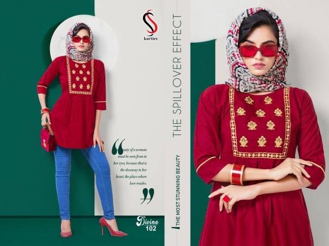 Ss Kurtis Divine  Embroidery Florida Latest Fancy Designer Heavy Casual Wear Rayon Wester Stylish Ladies Top Collection